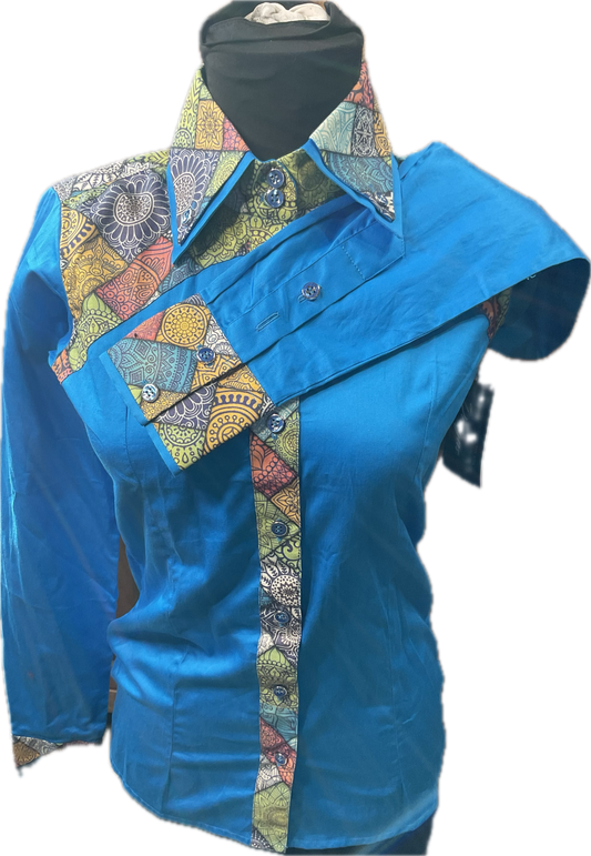 *34 Bust* Western/Ranch cotton button up double collar turquoise with multi colored retro design