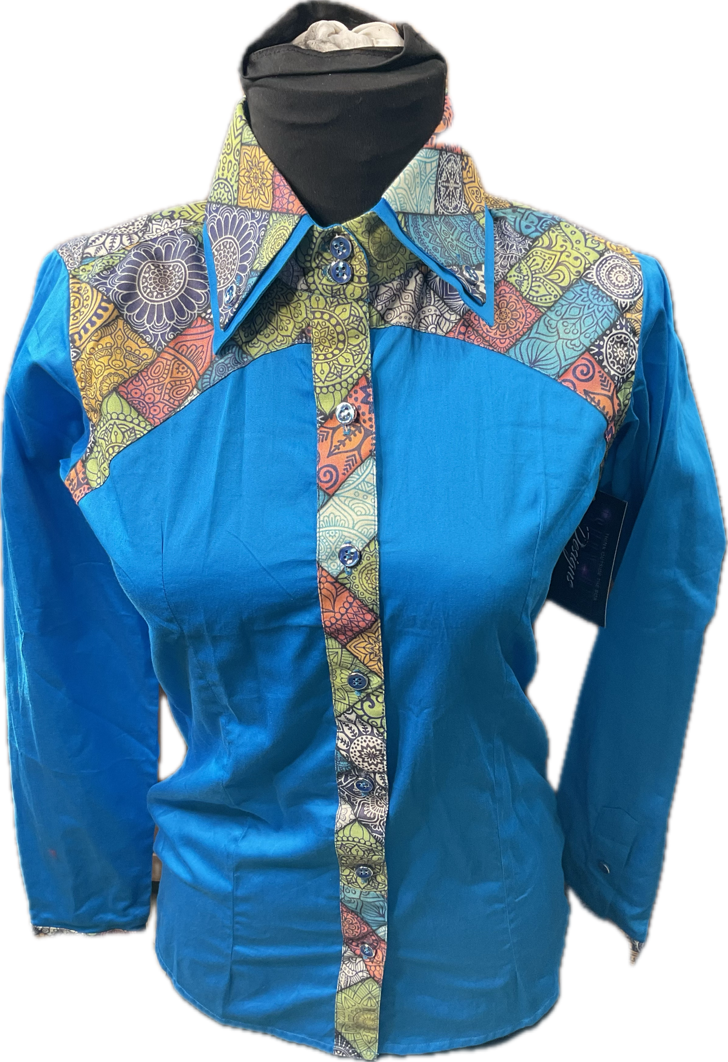 *34 Bust* Western/Ranch cotton button up double collar turquoise with multi colored retro design