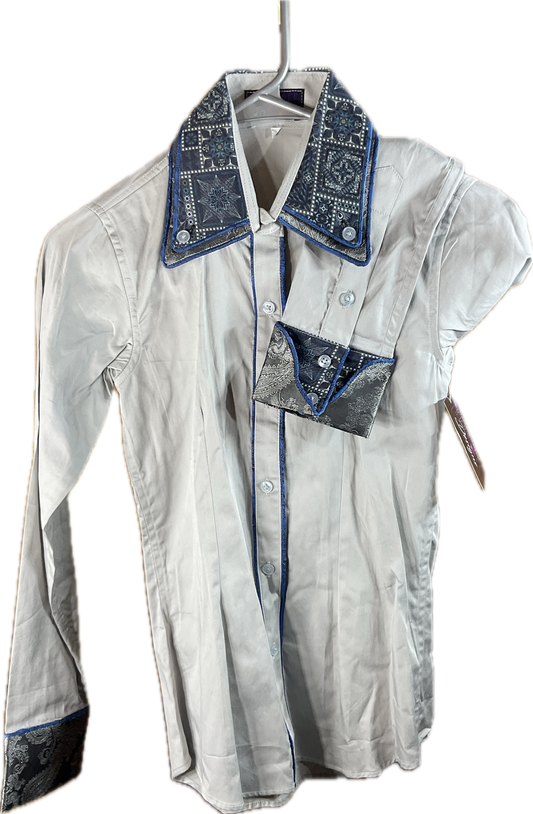 Kids*30 Bust* Western/Ranch button up double collar. Grey with navy trims and accents