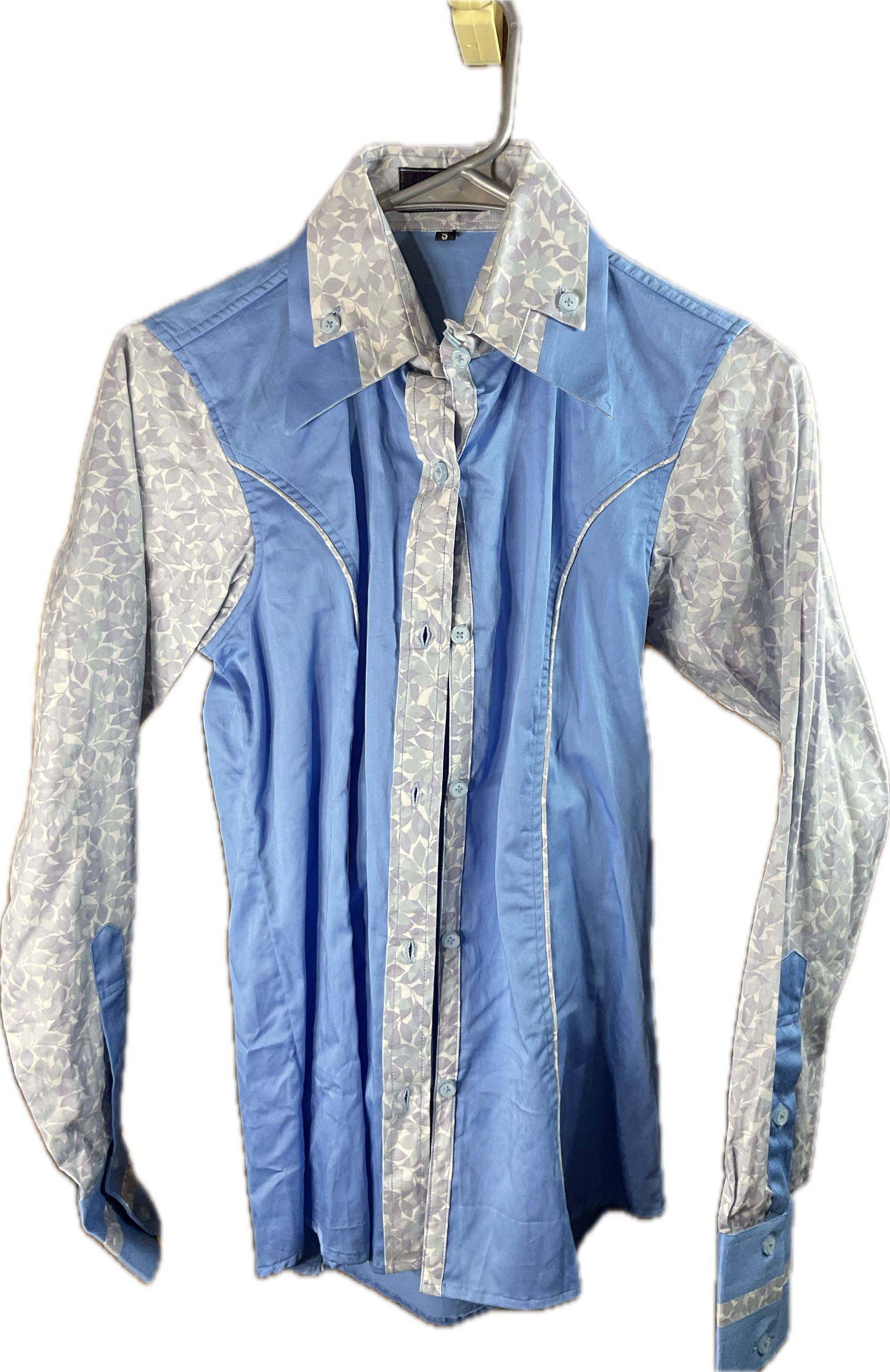 *34 Bust* Western/Ranch button up double collar. Sky blue with grey print sleeves and trim