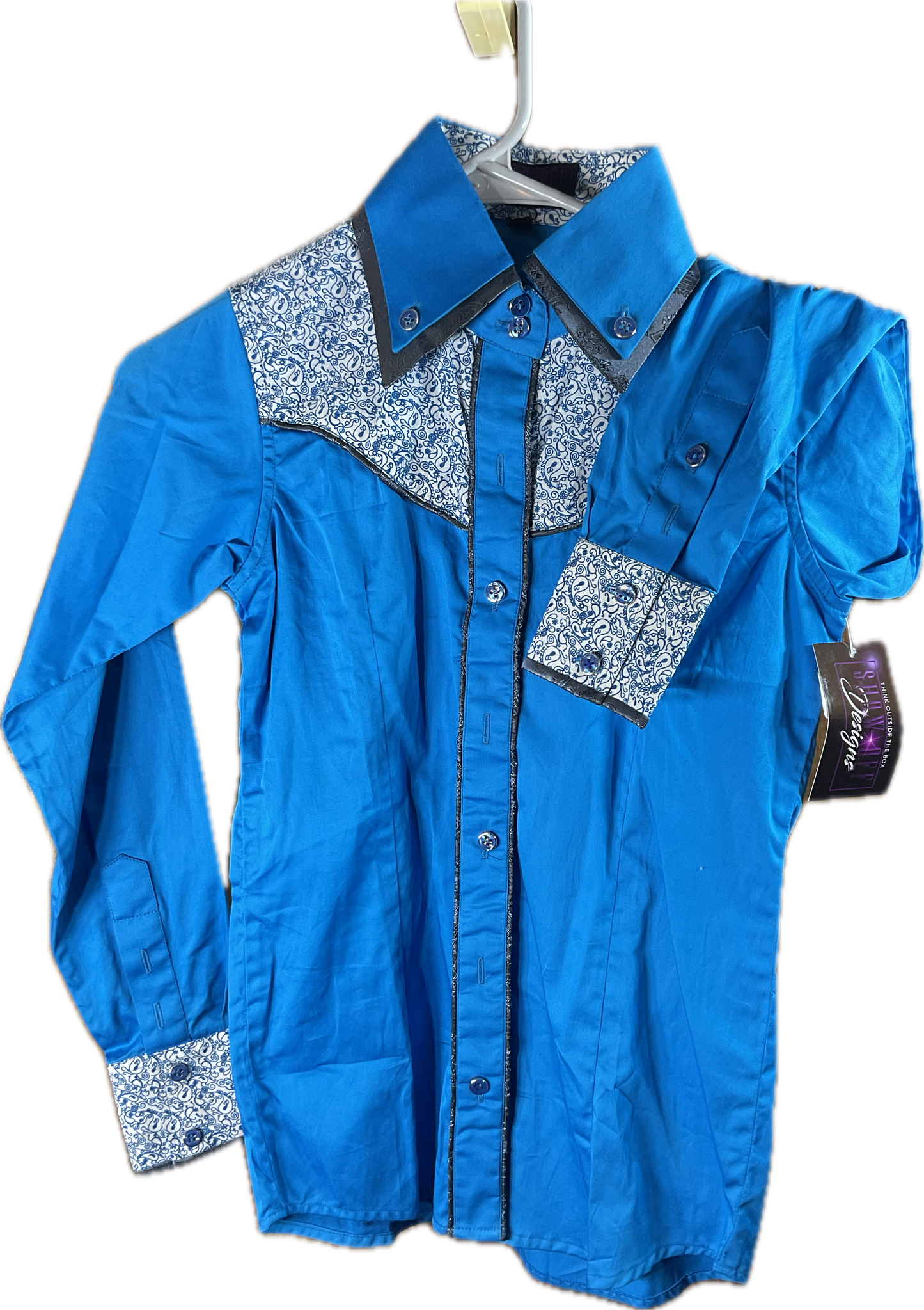 *32 Bust* Western/Ranch button up double collar. Turquoise with charcoal grey trims and retro design