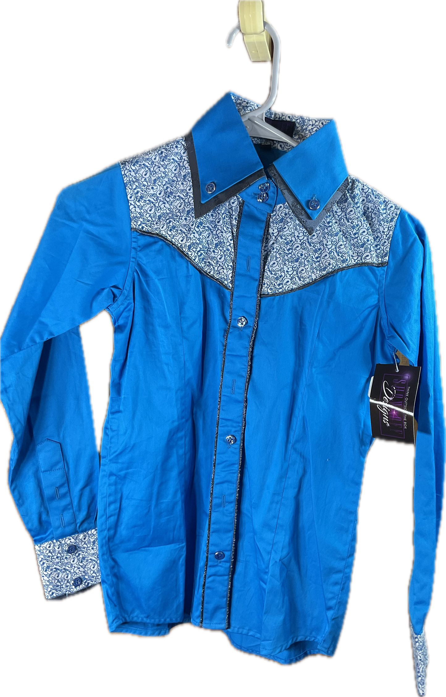 *32 Bust* Western/Ranch button up double collar. Turquoise with charcoal grey trims and retro design