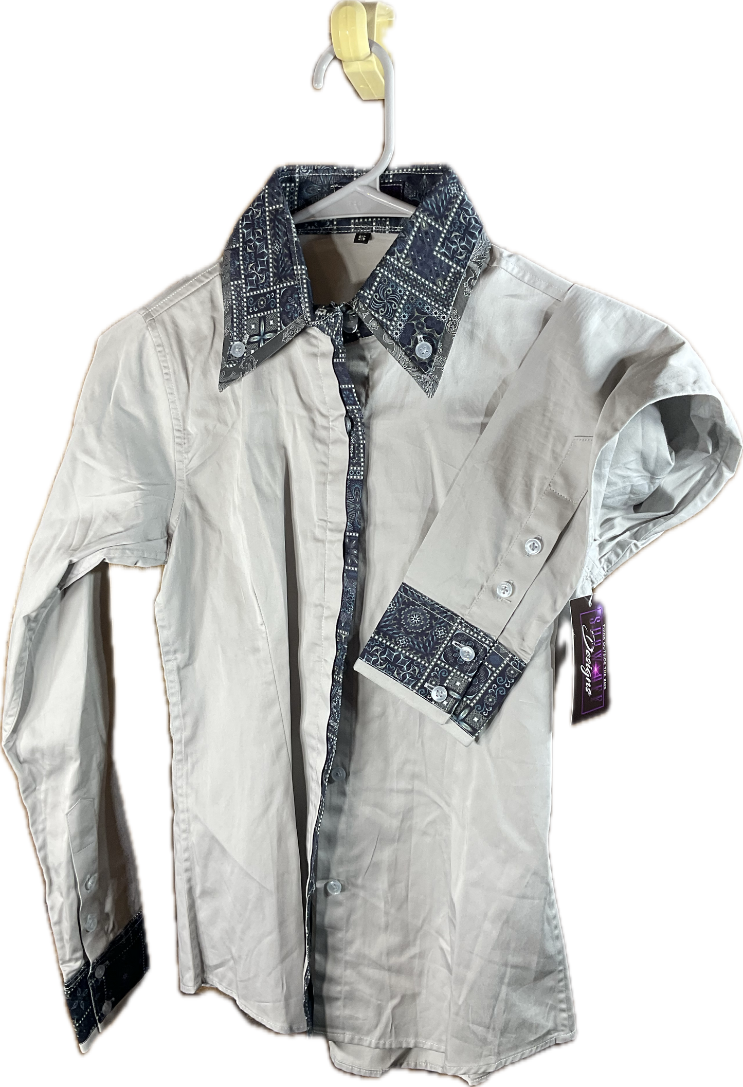 *32 Bust* Western/Ranch cotton button up double collar grey with navy accents and trims