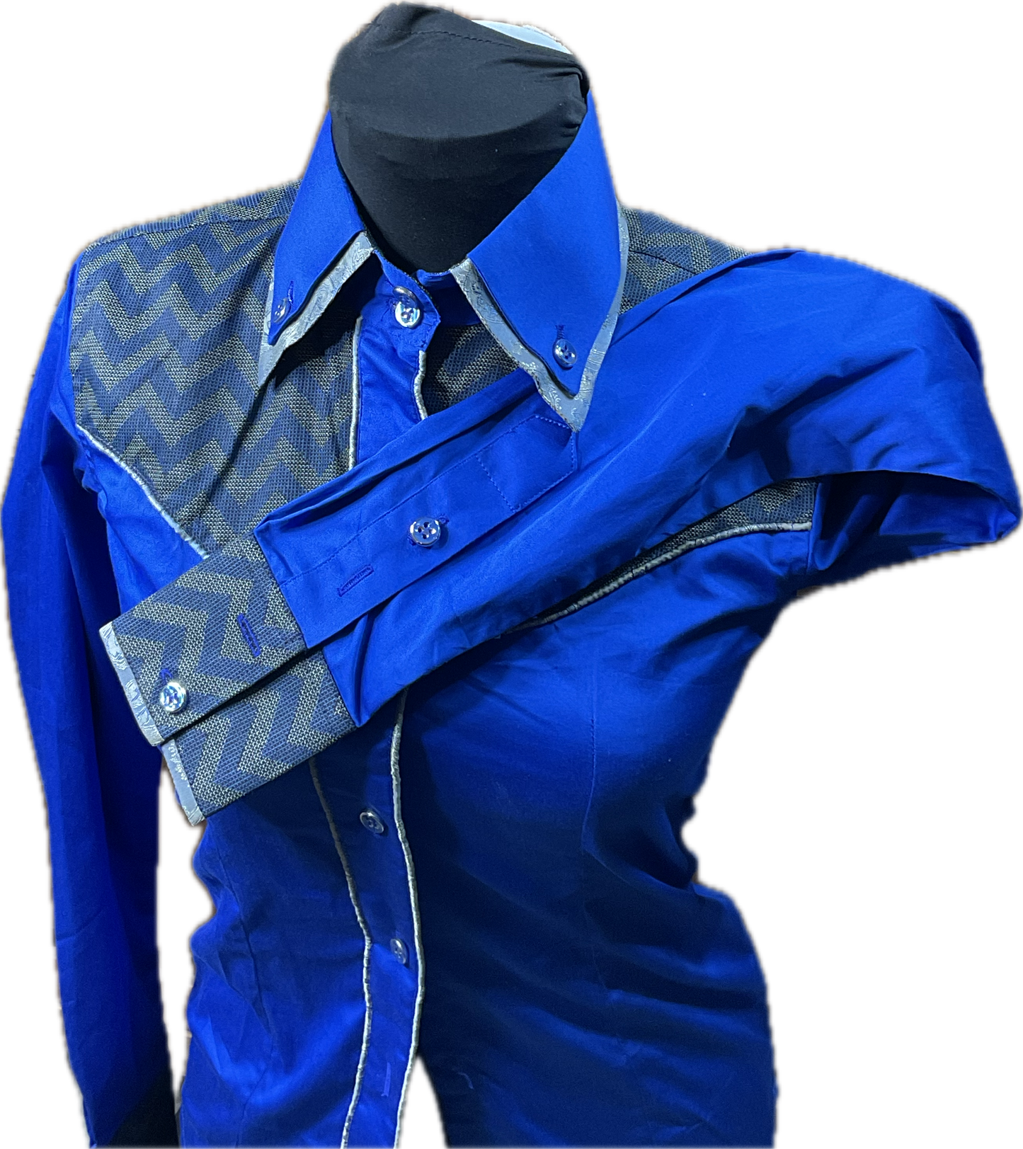 *32 Bust* Western/Ranch cotton button up double collar royal blue with navy and grey retro style design