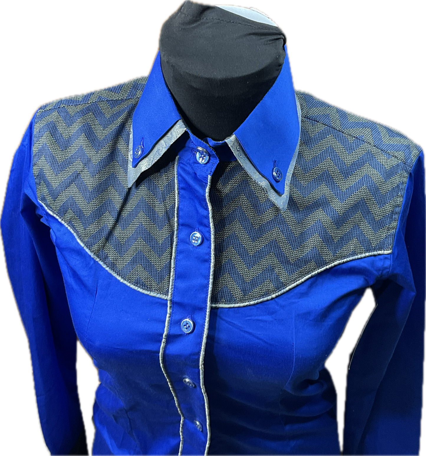 *32 Bust* Western/Ranch cotton button up double collar royal blue with navy and grey retro style design