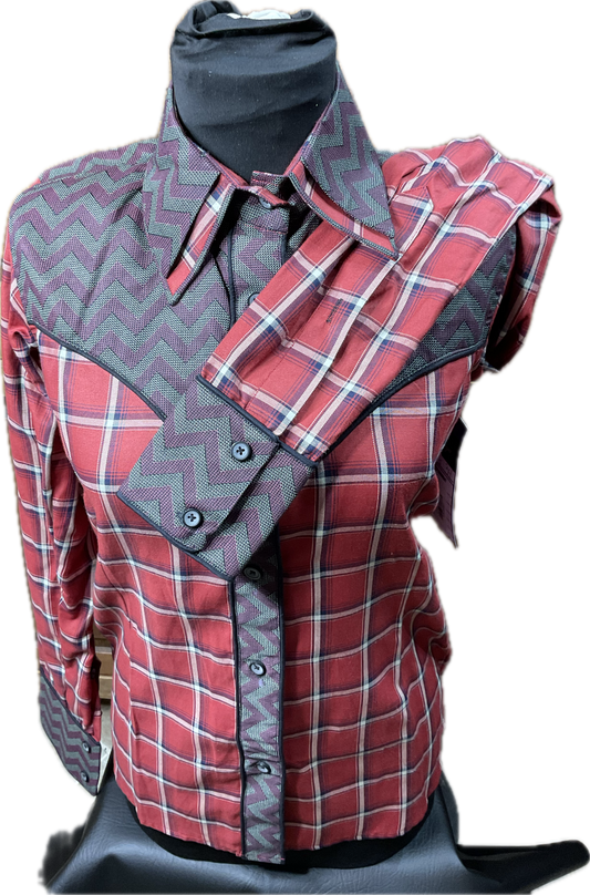 *34 Bust* Western/Ranch cotton button up double collar brick red plaid with maroon retro designs