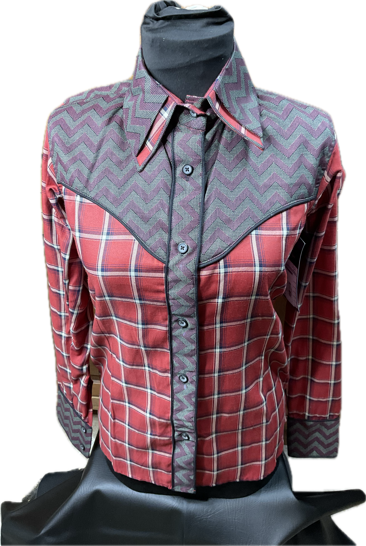 *34 Bust* Western/Ranch cotton button up double collar brick red plaid with maroon retro designs