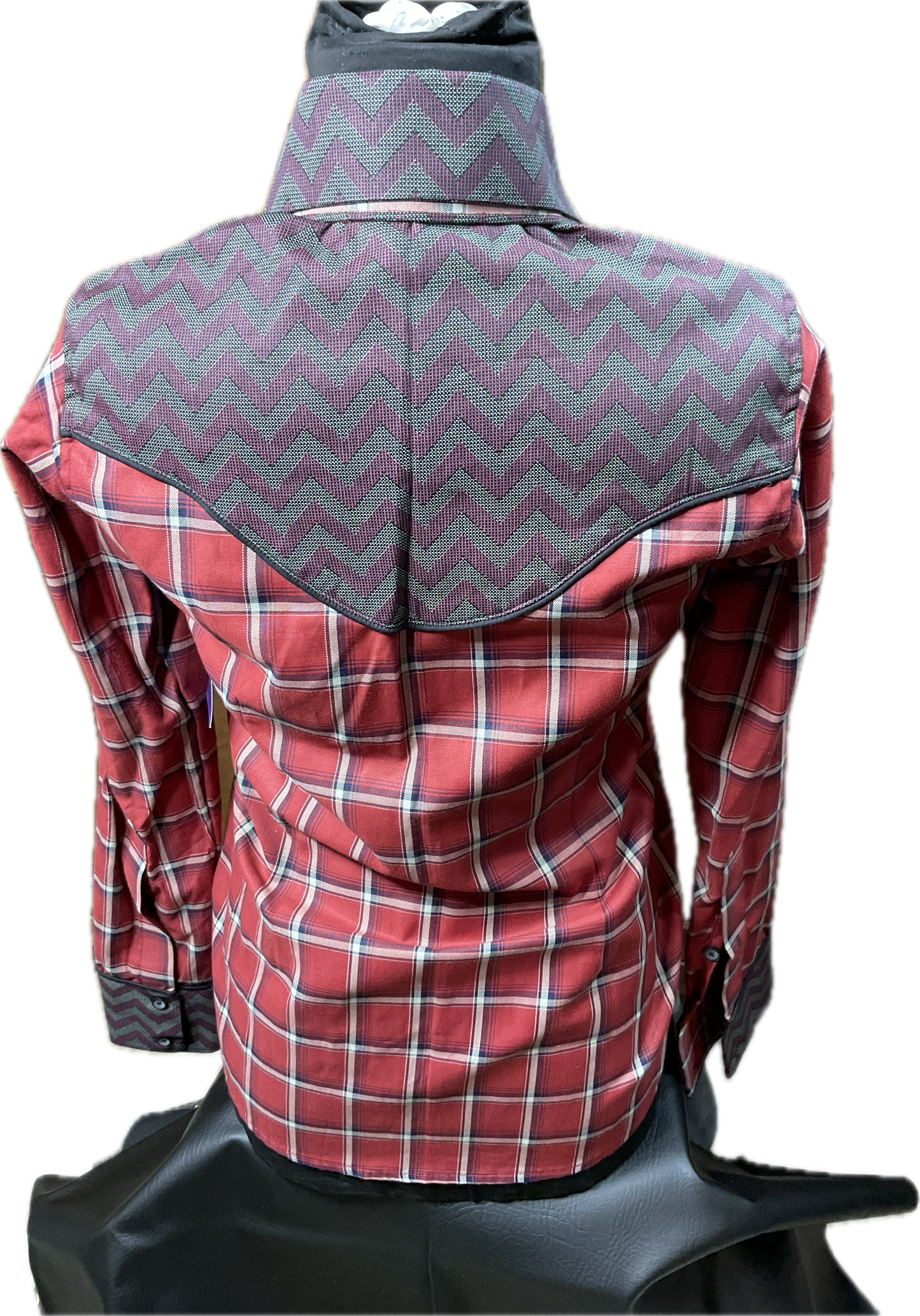 *34 Bust* Western/Ranch cotton button up double collar brick red plaid with maroon retro designs