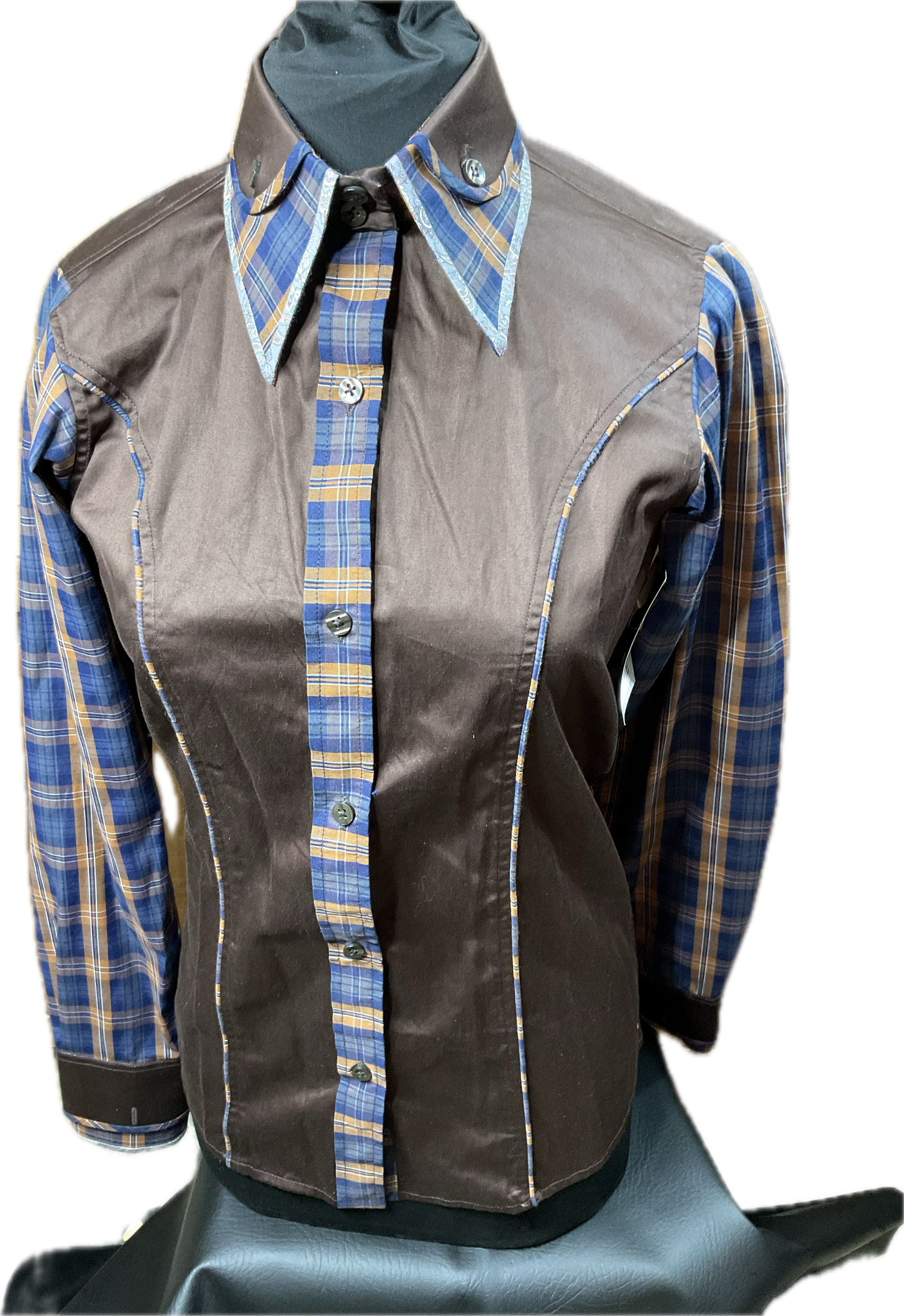 *32 Bust* Western/Ranch cotton button up double collar brown with navy plaid accents