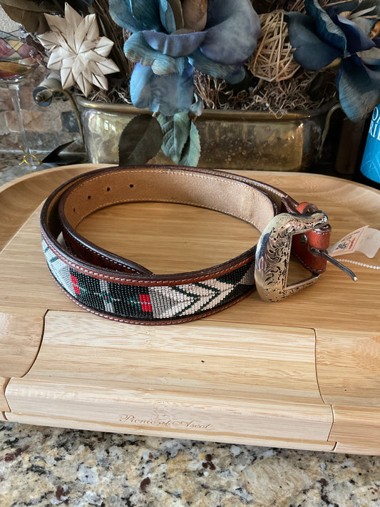 44" Beaded belt - brown leather #9