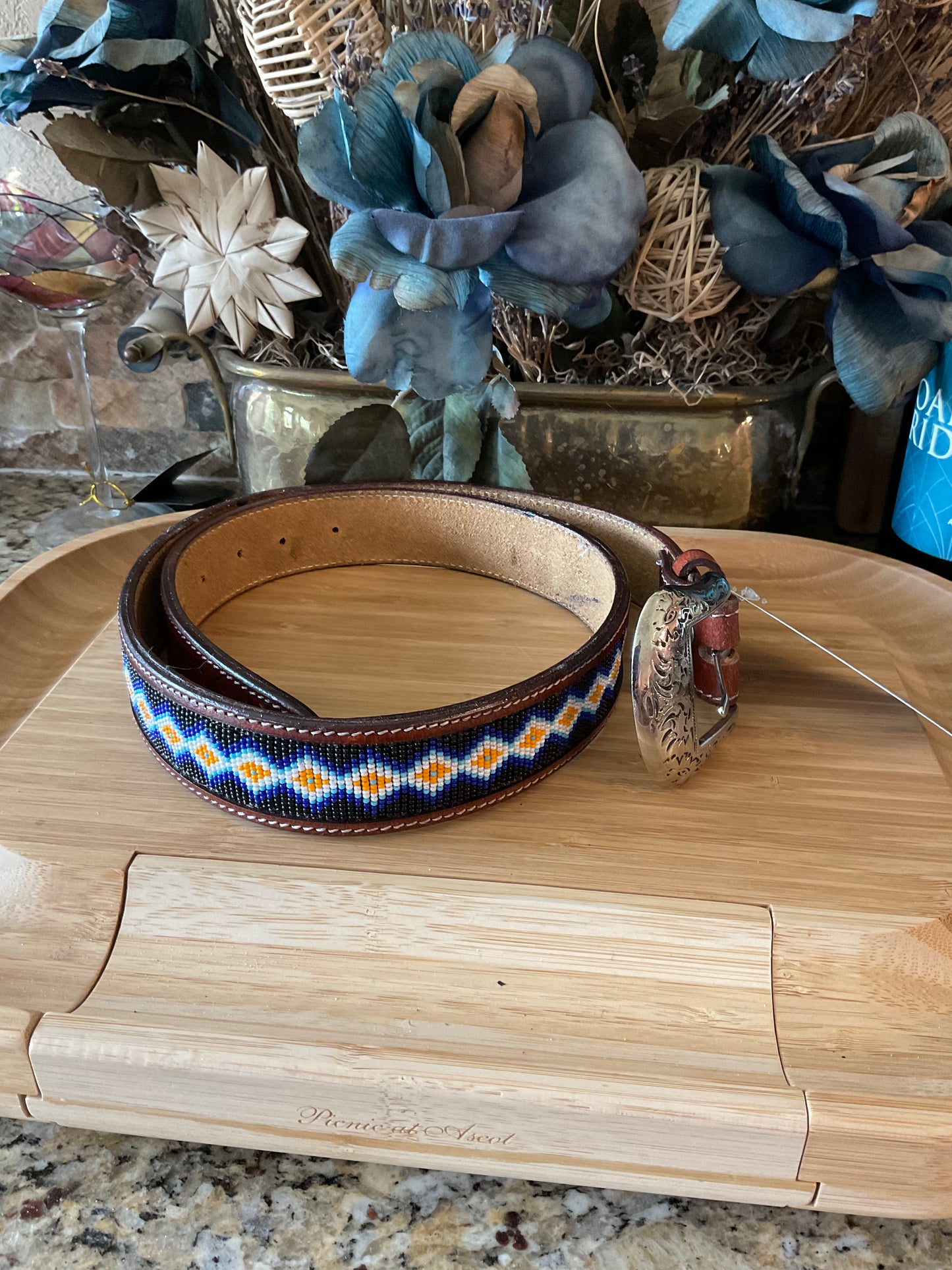 44" Beaded belt - brown leather #11