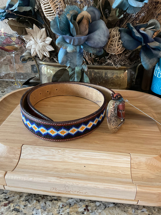 44" Beaded belt - brown leather #11