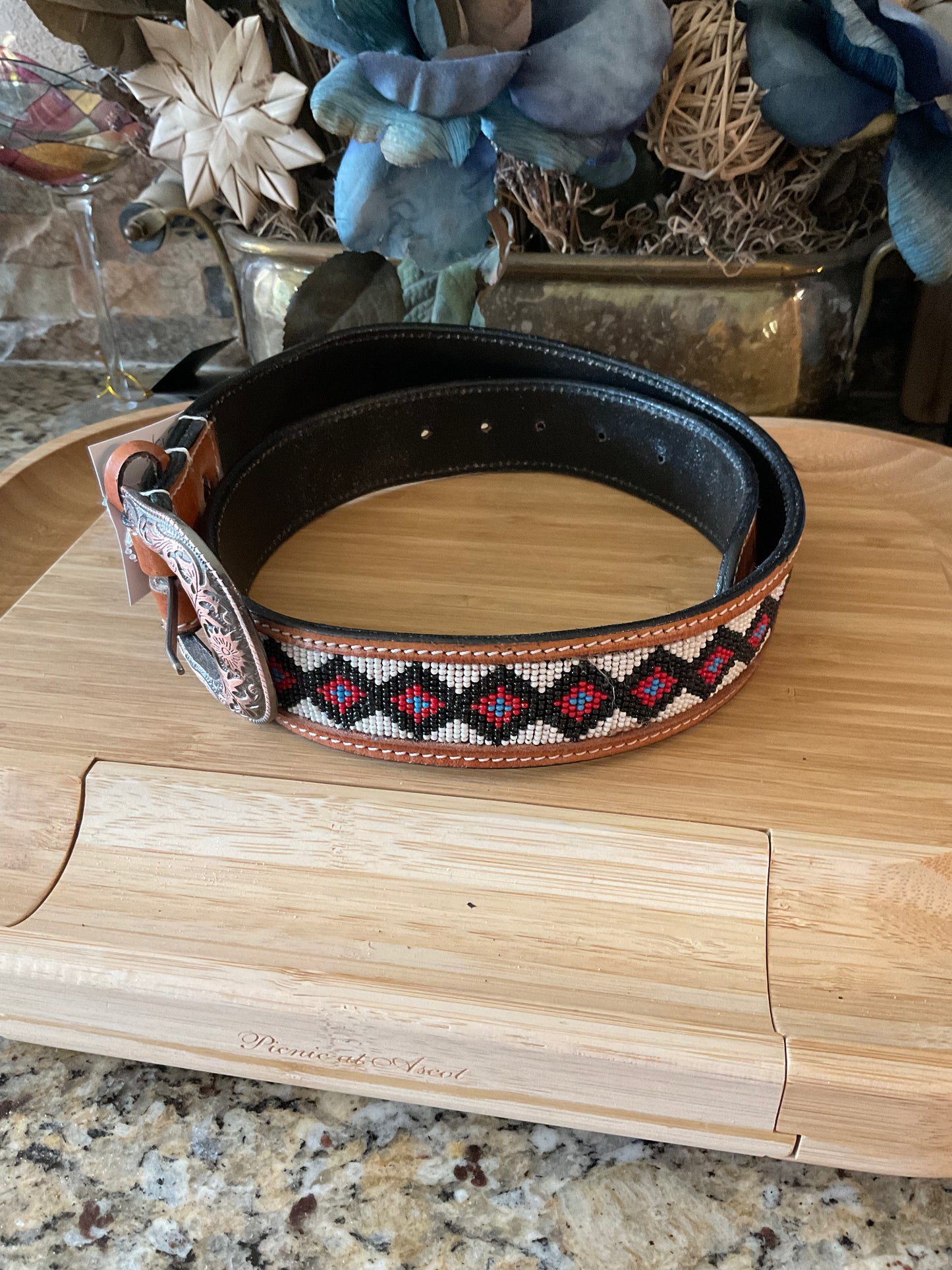 47" Beaded belt - brown leather #12