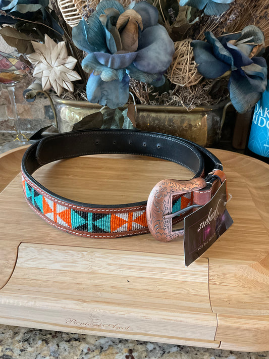 47" Beaded belt - brown leather #13