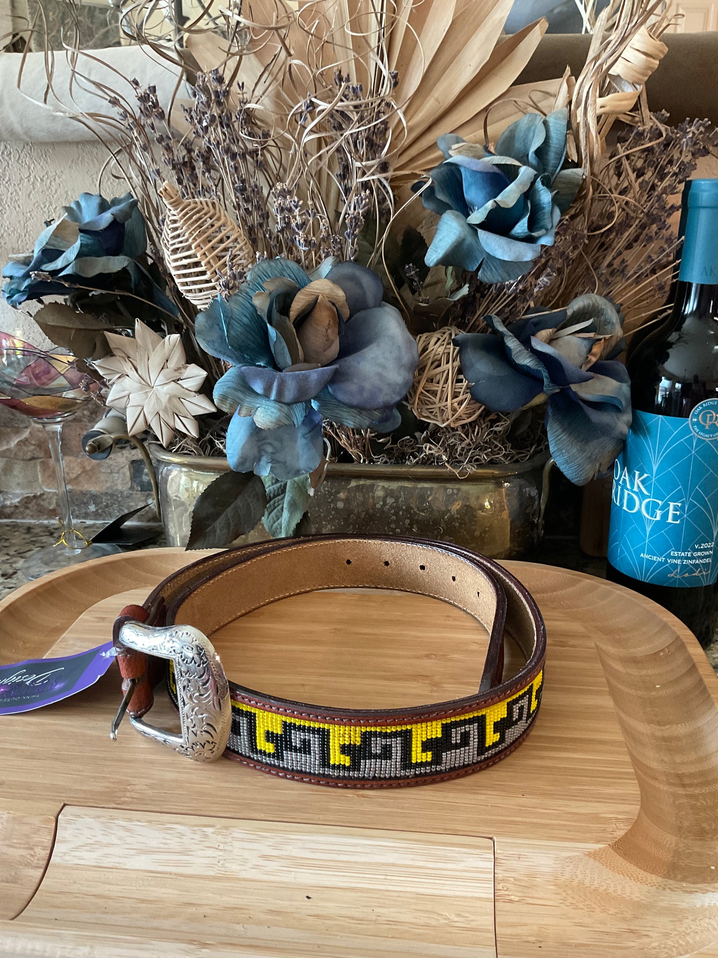 44" Beaded belt - brown leather #15