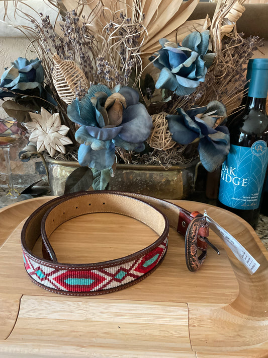 44" Beaded belt - brown leather #16