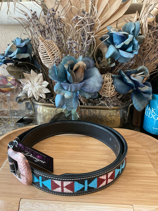 52" Beaded belt - black leather #8