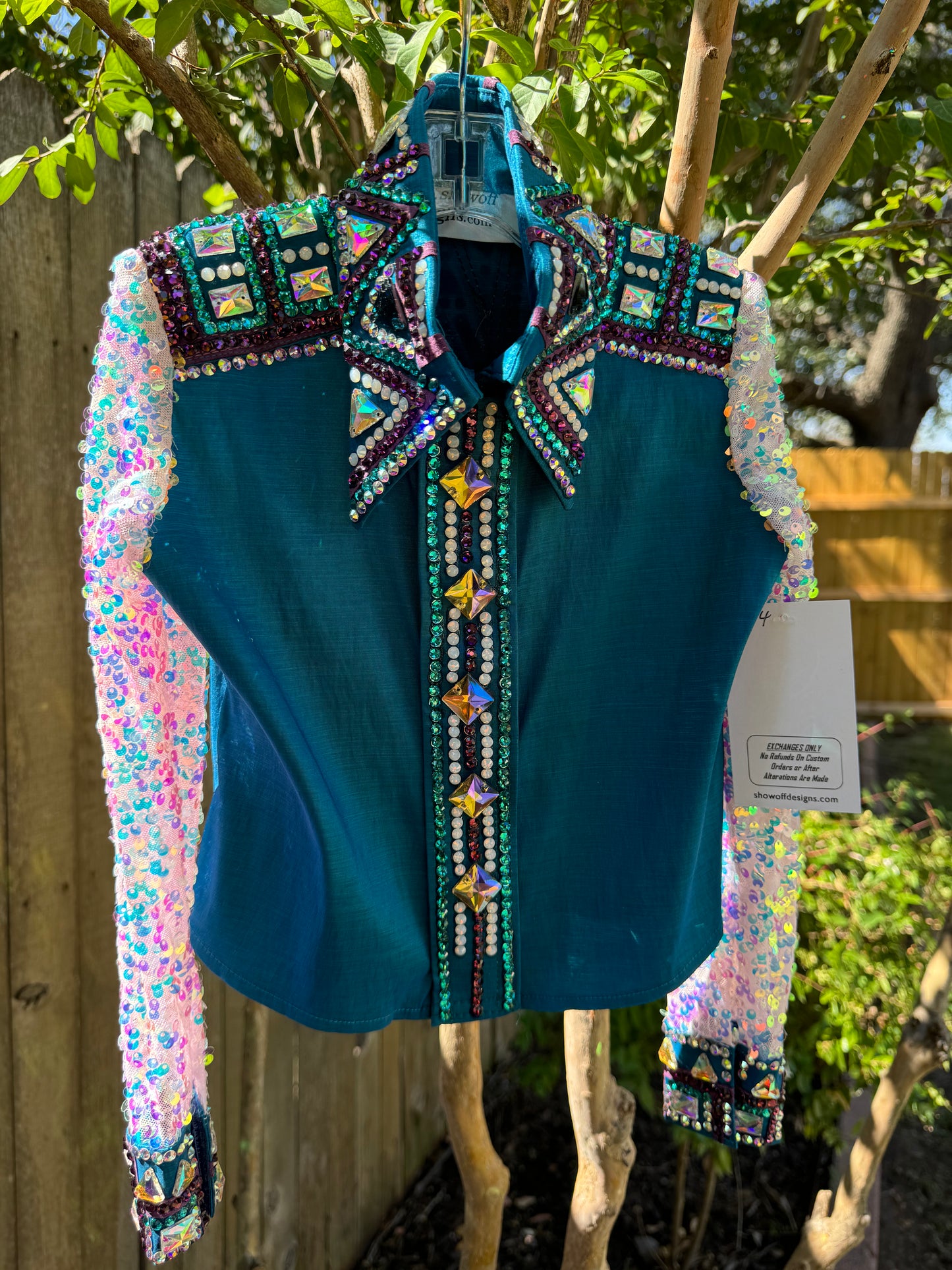 Kids Size 4 Dark Teal Stretch Taffeta Day Shirt with Hidden Zipper Iridescent Seguin Lace Sleeves, Turquoise, Amethyst