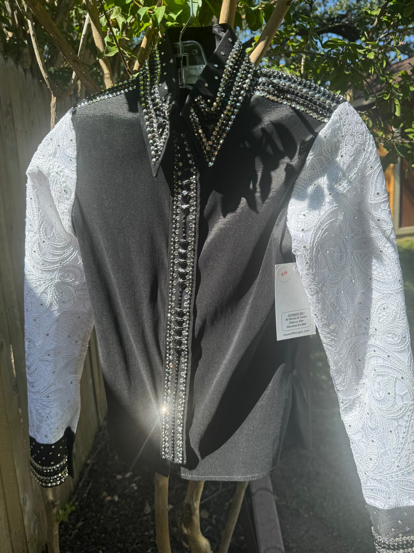 Adult Extra Small Black Stretch Taffeta Day Shirt Hidden Zipper, White Lace Sleeves, Black Hematite & Clear Stones