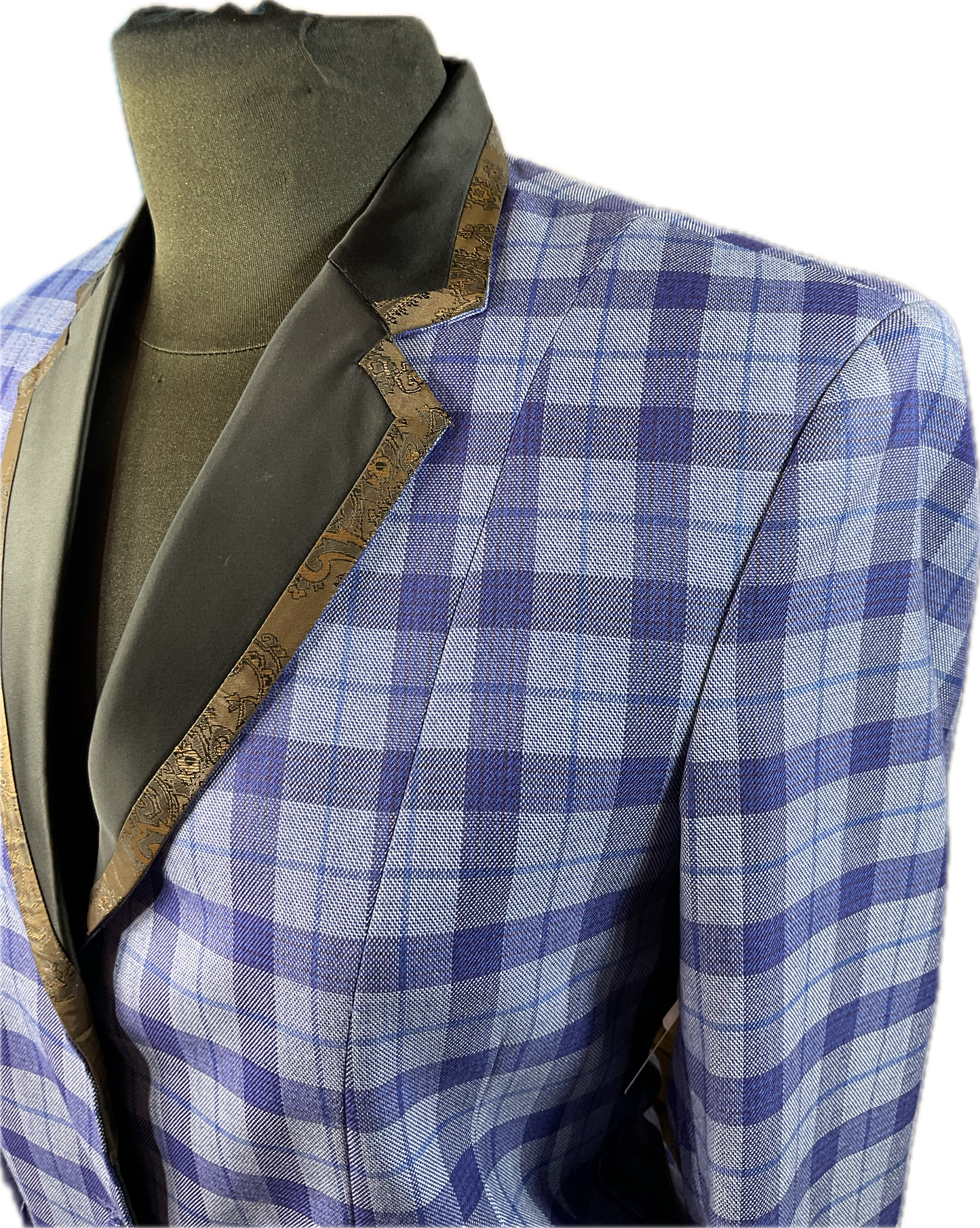 *36 Bust* Blue plaid with copper satin trims and velvet collar