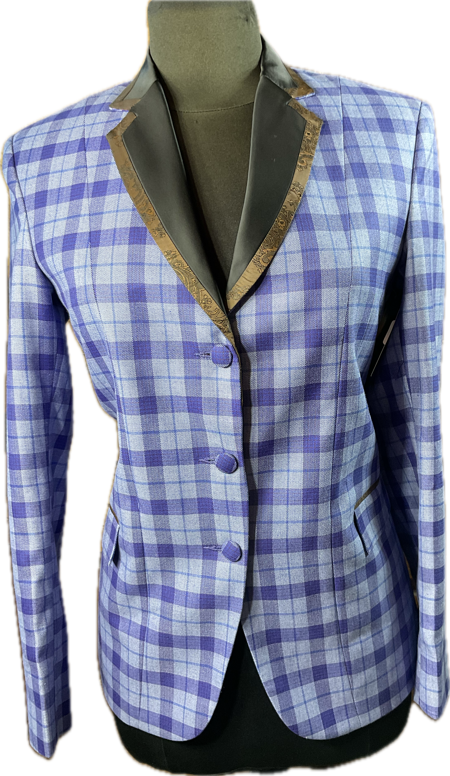 *36 Bust* Blue plaid with copper satin trims and velvet collar