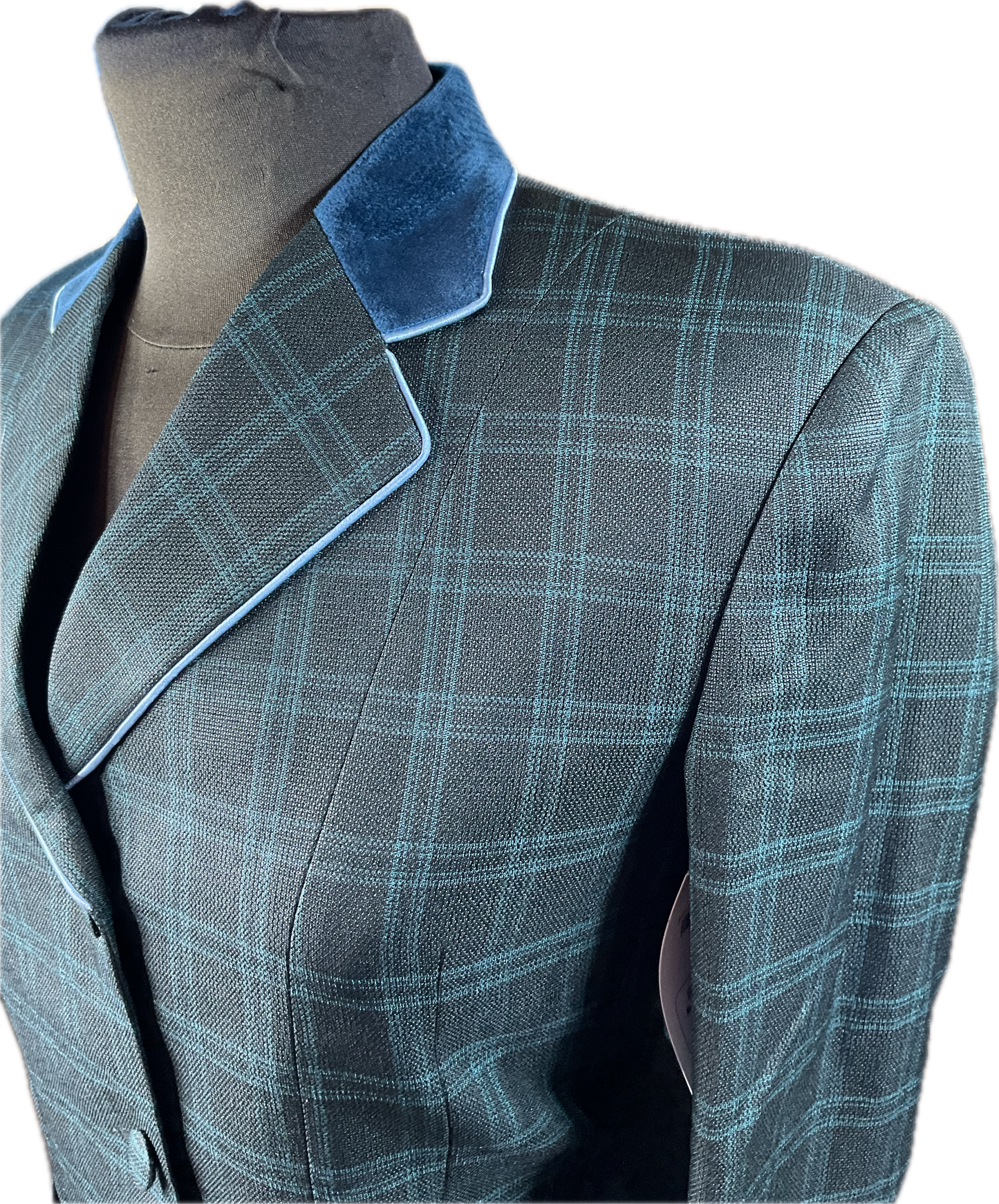 *36 Bust* Black/hunter green plaid hunt coat, velvet collar with sky blue piping. Hidden zipper behind the buttons.