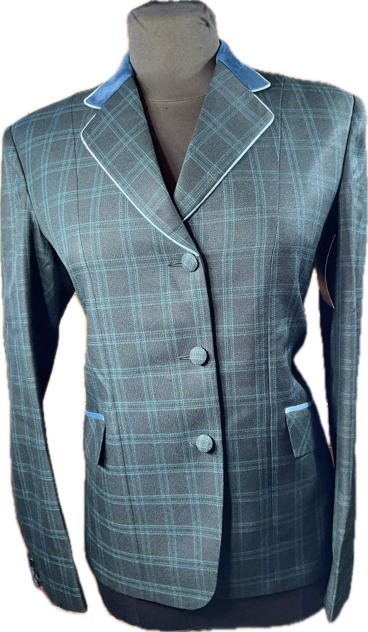 *36 Bust* Black/hunter green plaid hunt coat, velvet collar with sky blue piping. Hidden zipper behind the buttons.