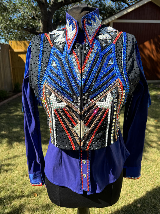 Medium Black Vest w/ detachable fringe and Royal Blue Stretch Taffeta Day Shirt Combo