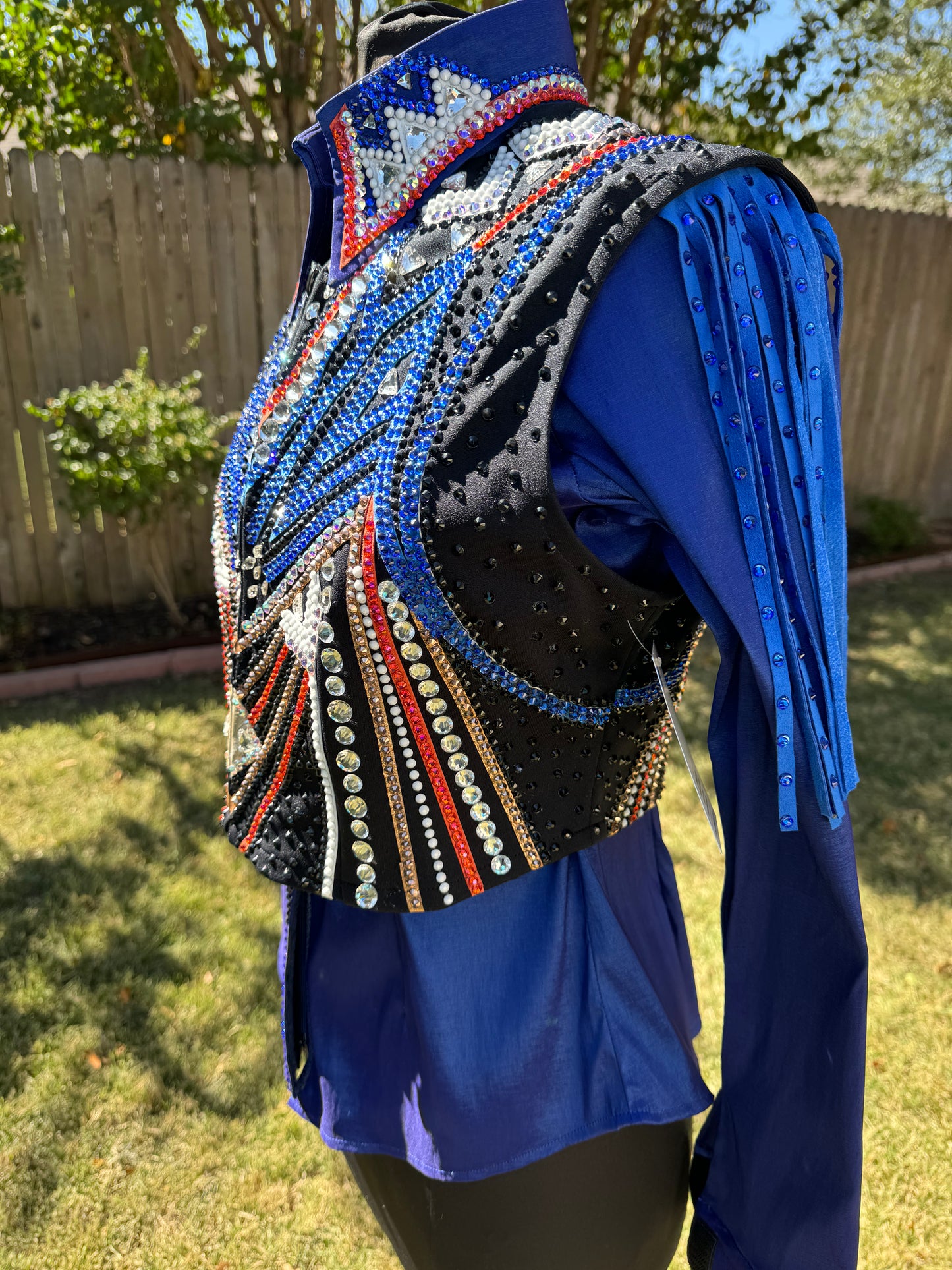 Medium Black Vest w/ detachable fringe and Royal Blue Stretch Taffeta Day Shirt Combo