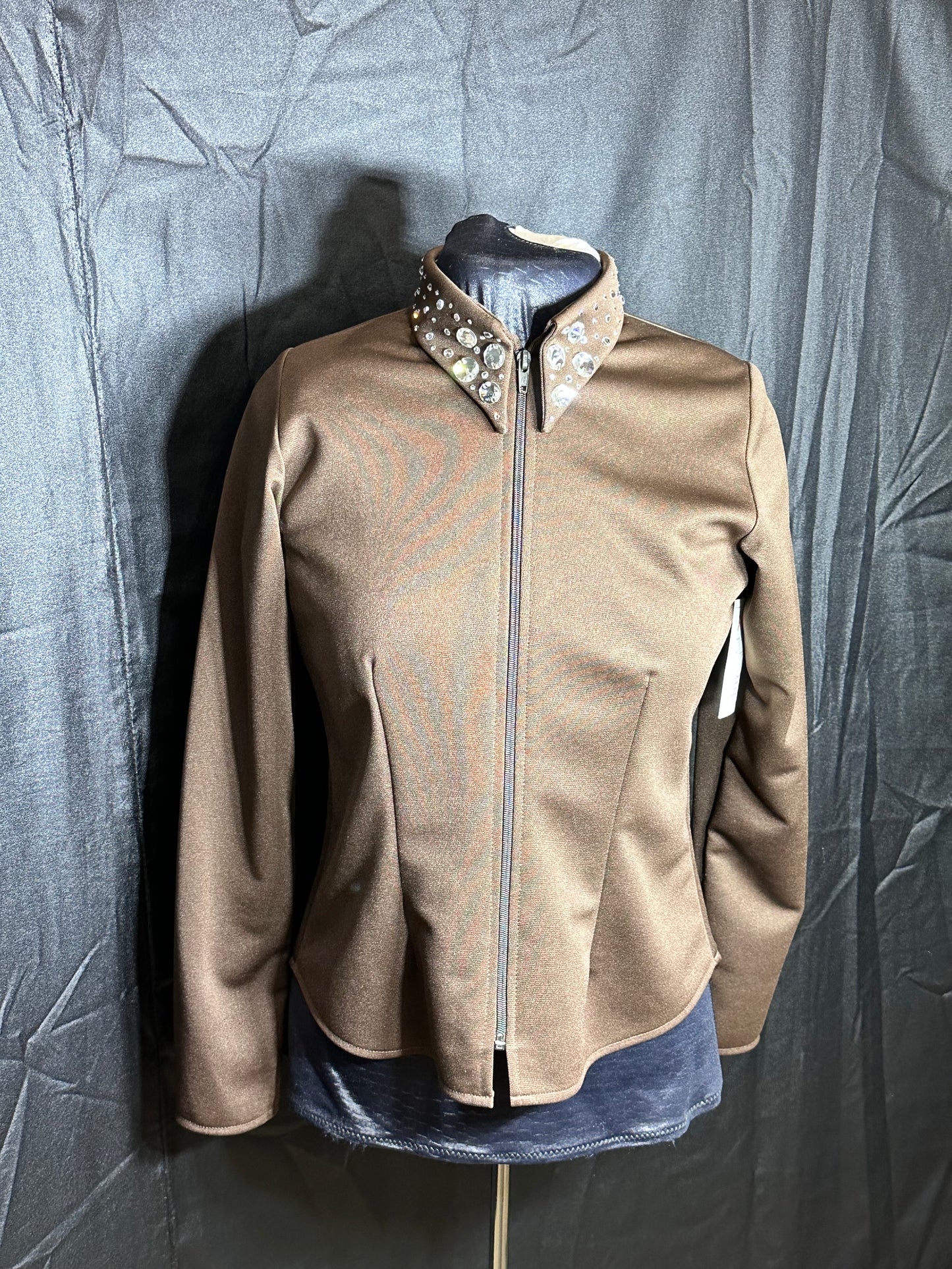 Size medium brown plain zip up shirt with rhinestone collar