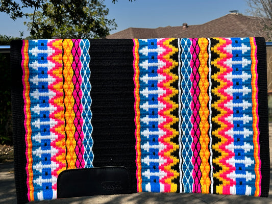 340.  Oversized saddle blanket black neon blue, neon pink, neon yellow, neon orange, bright turquoise, turquoise, white