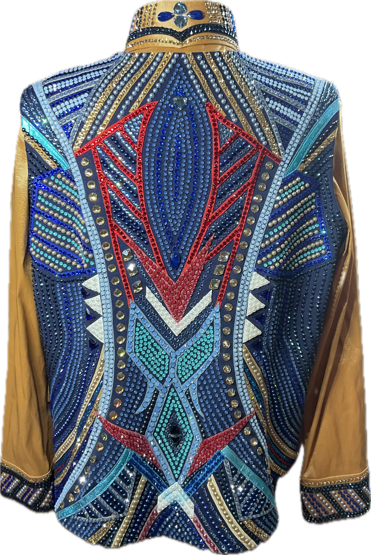 Size XXL navy vest with dark gold matching shirt and detachable fringe. Shades of blue, red, white, turquoise and gold accents