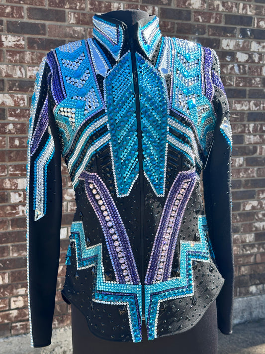 Medium Showmanship Jacket. black base teals and purples