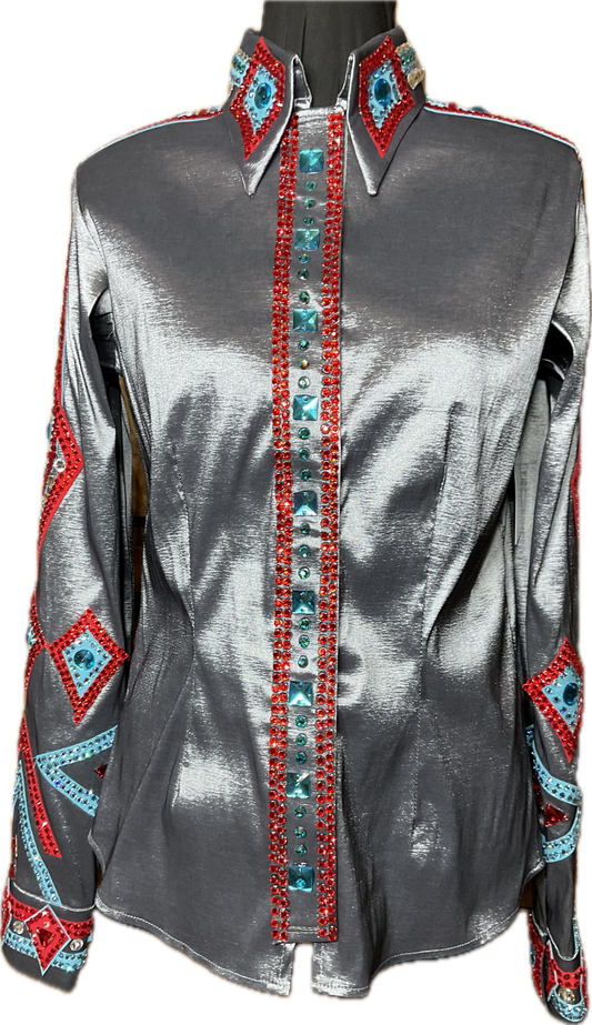 Small Charcoal Stretch Taffeta with Red and Turquoise