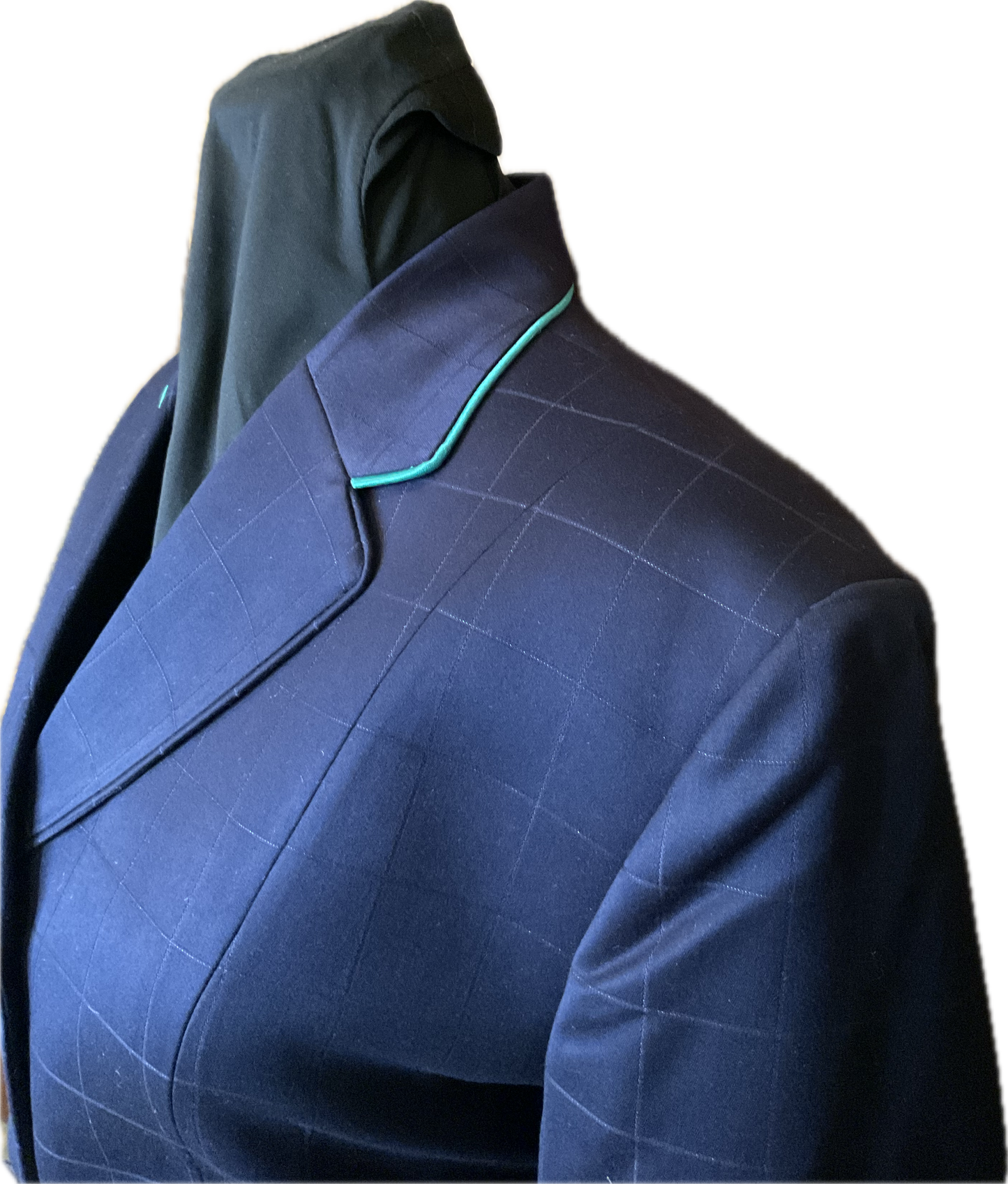 *38 Bust* Navy Blue Plaid with Matching Velvet Collar and Aqua Piping