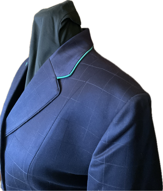 *38 Bust* Navy Blue Plaid with Matching Velvet Collar and Aqua Piping