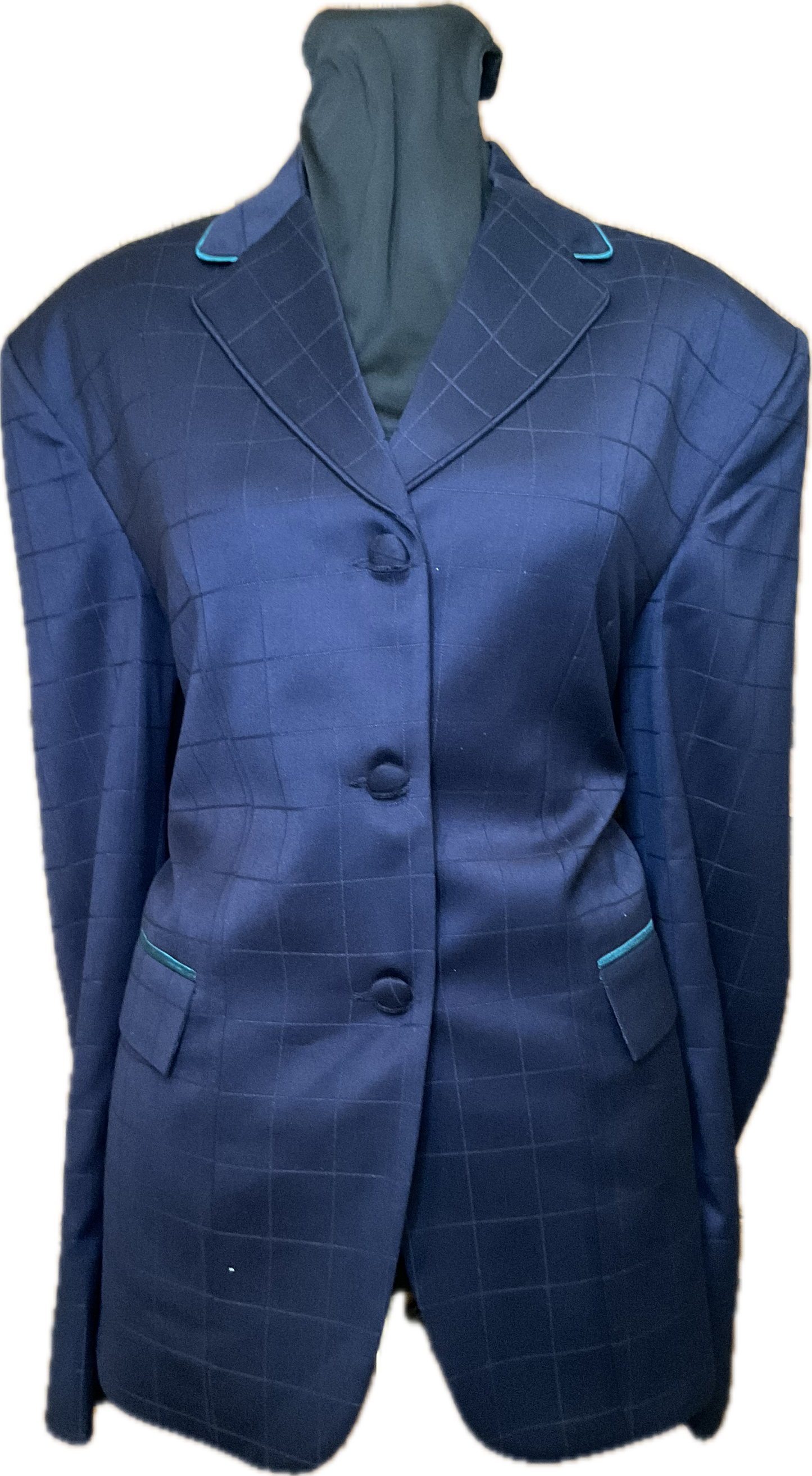 *42 Bust* Navy Blue Plaid with Matching Velvet Collar and Aqua Piping