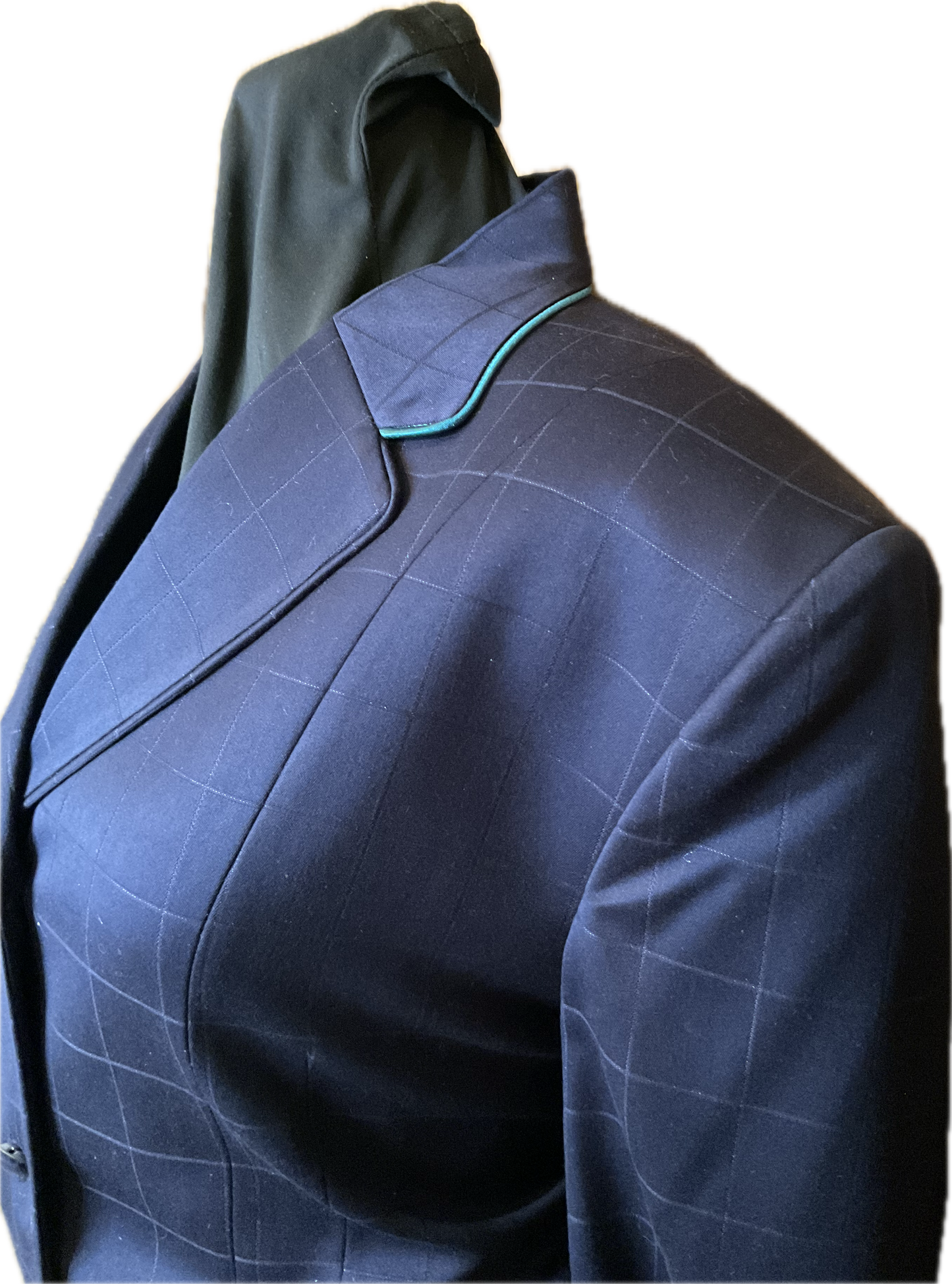 *42 Bust* Navy Blue Plaid with Matching Velvet Collar and Aqua Piping
