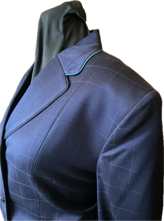 *42 Bust* Navy Blue Plaid with Matching Velvet Collar and Aqua Piping