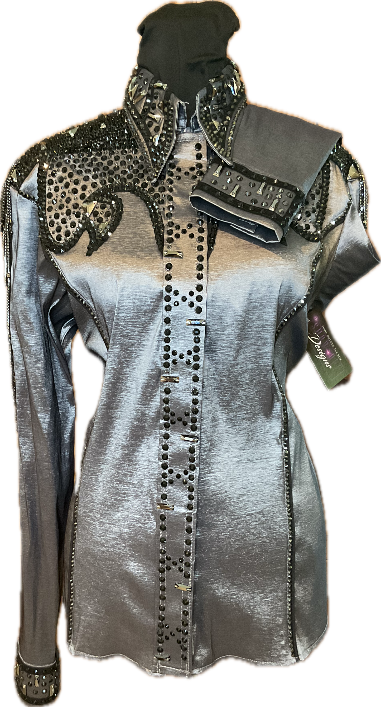 Size Large Black Metallic Day Shirt Stretch Taffeta with Fringe