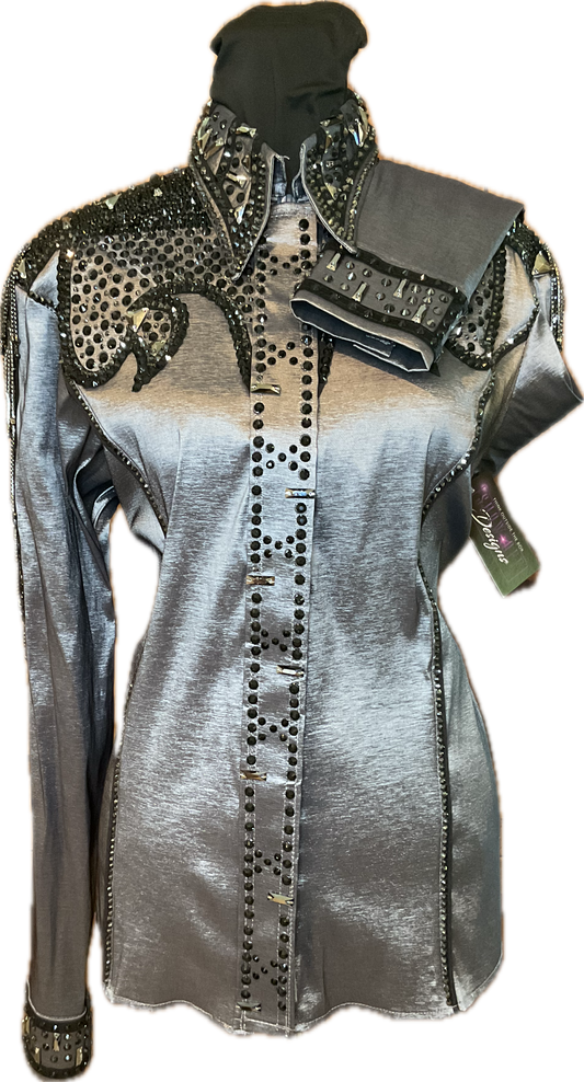 Size Large Black Metallic Day Shirt Stretch Taffeta with Fringe