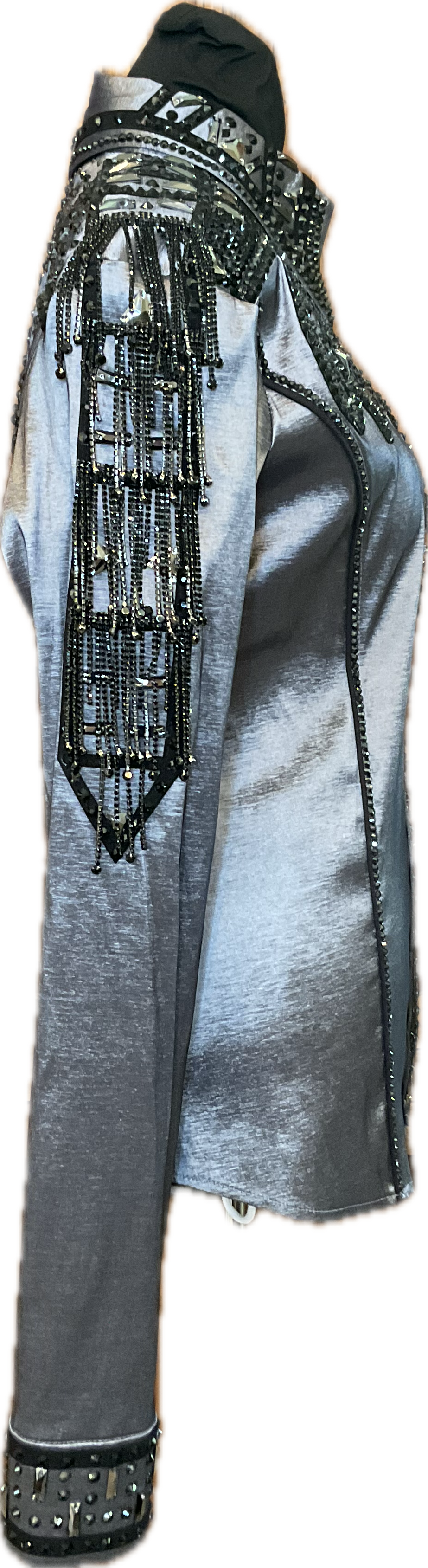 Size Large Black Metallic Day Shirt Stretch Taffeta with Fringe