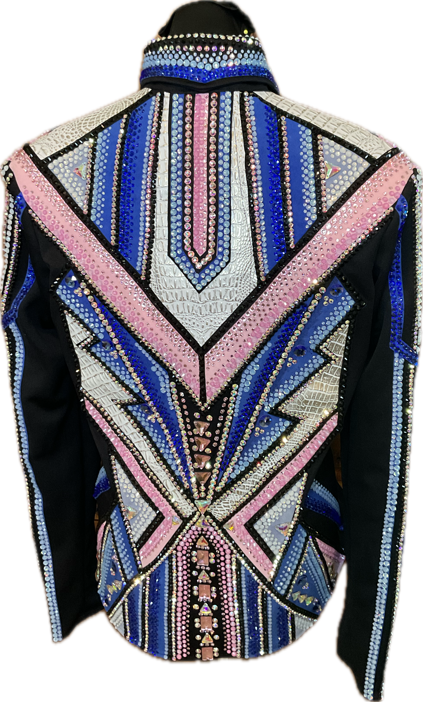 Large Black Showmanship Jacket with Blue, Pink, and Silver Accents