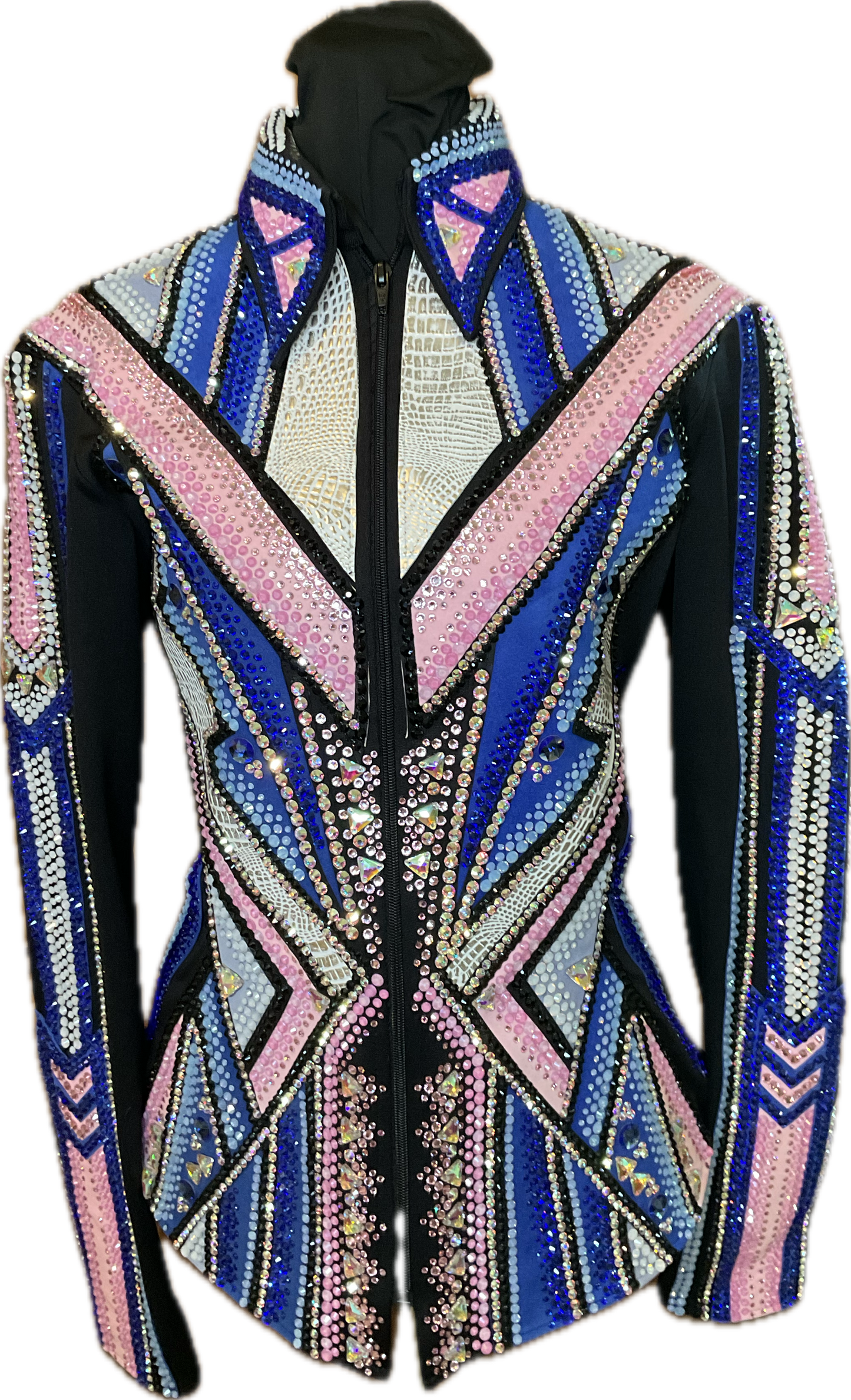 Large Black Showmanship Jacket with Blue, Pink, and Silver Accents