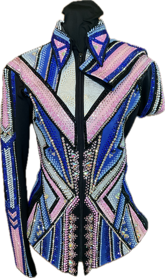 Large Black Showmanship Jacket with Blue, Pink, and Silver Accents
