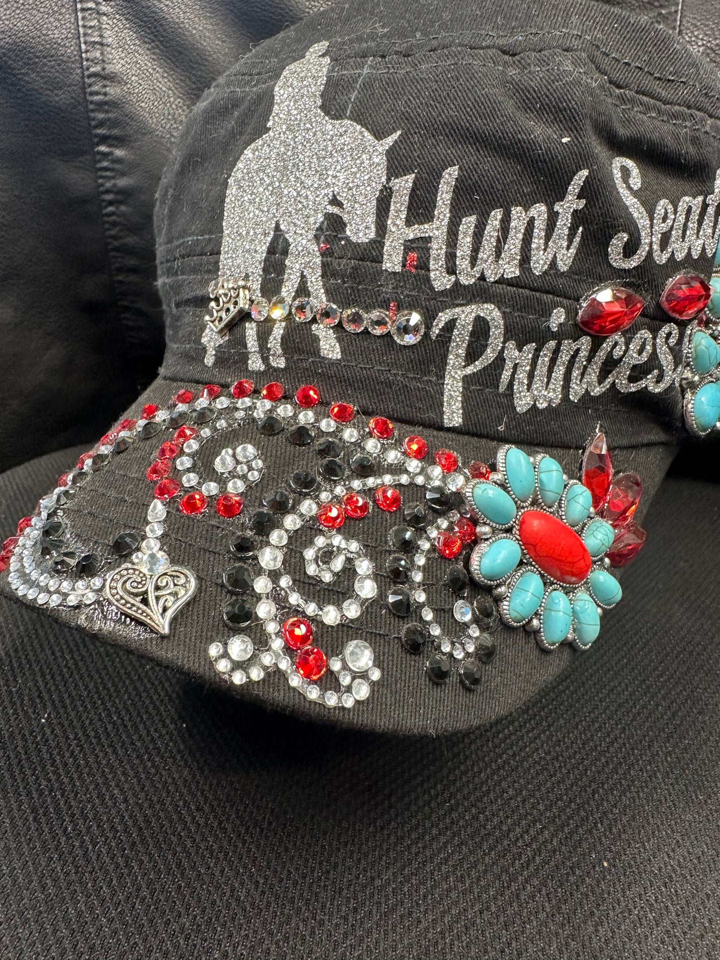 Fancy black cap HUNT SEAT PRINCESS red with turquoise designs