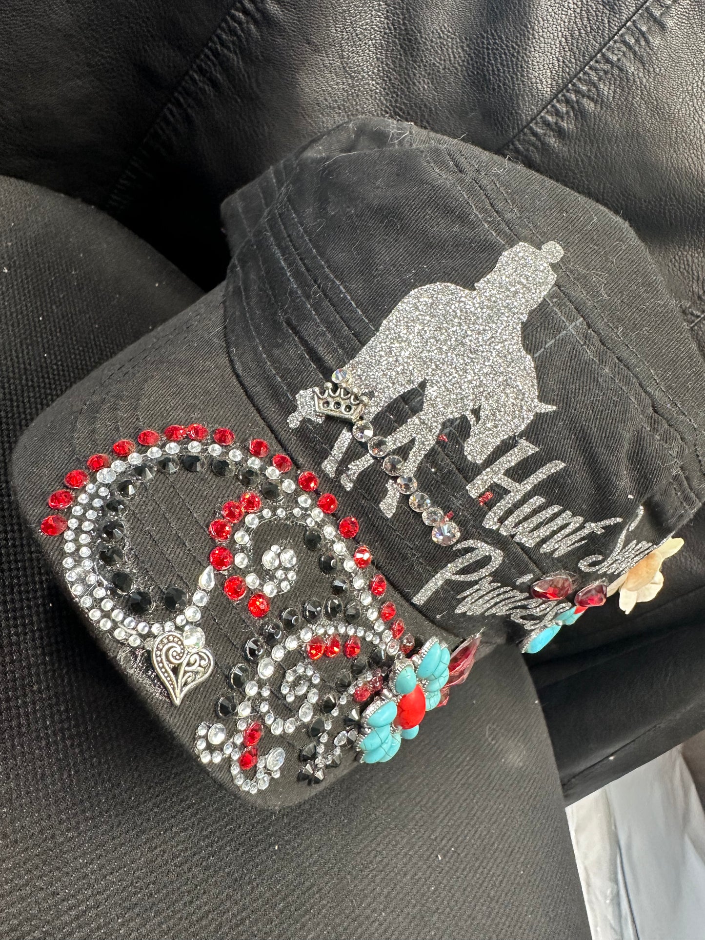 Fancy black cap HUNT SEAT PRINCESS red with turquoise designs