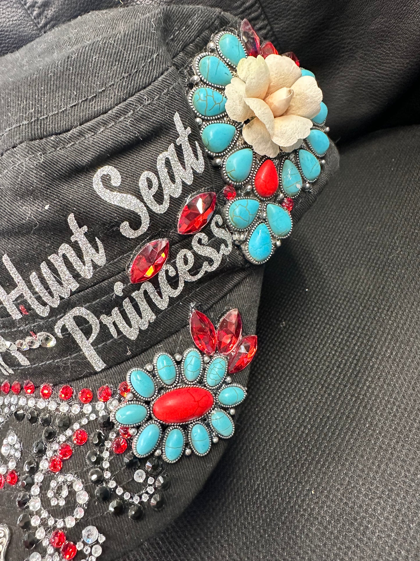 Fancy black cap HUNT SEAT PRINCESS red with turquoise designs