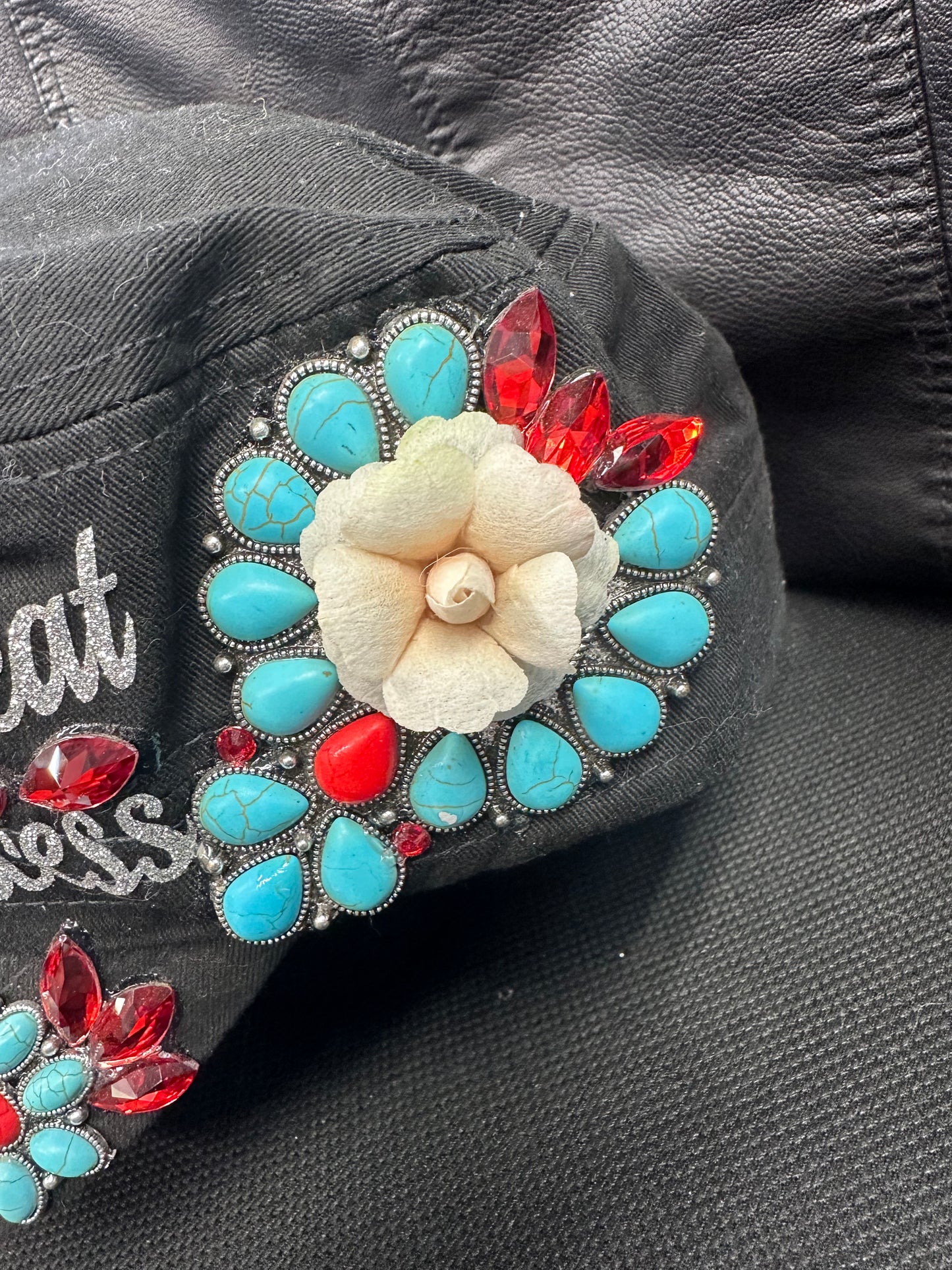 Fancy black cap HUNT SEAT PRINCESS red with turquoise designs