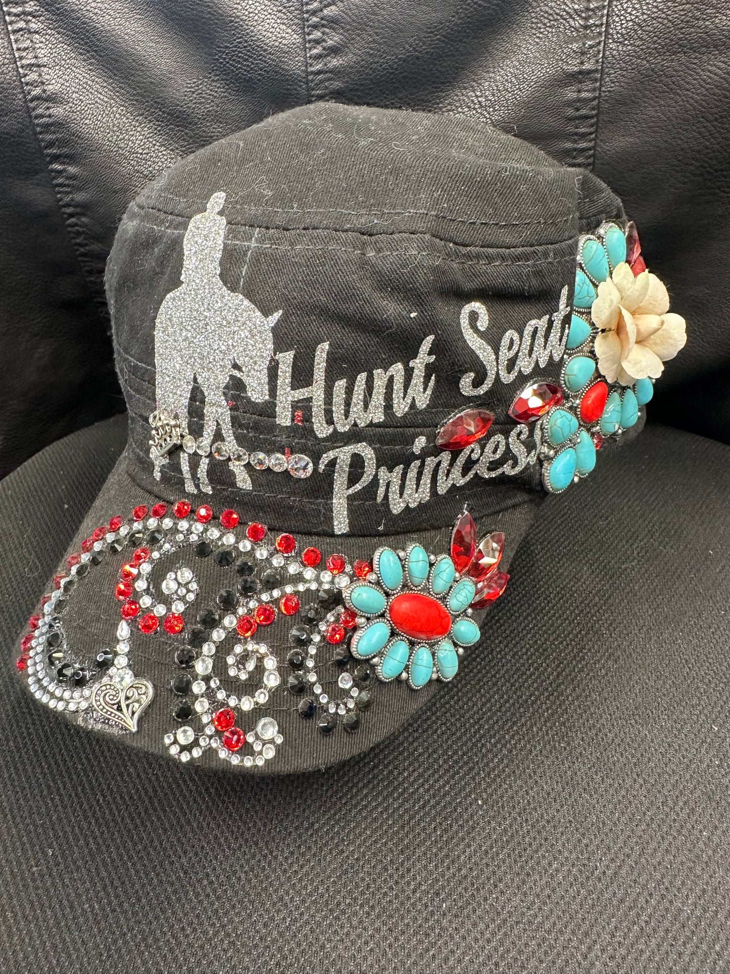 Fancy black cap HUNT SEAT PRINCESS red with turquoise designs